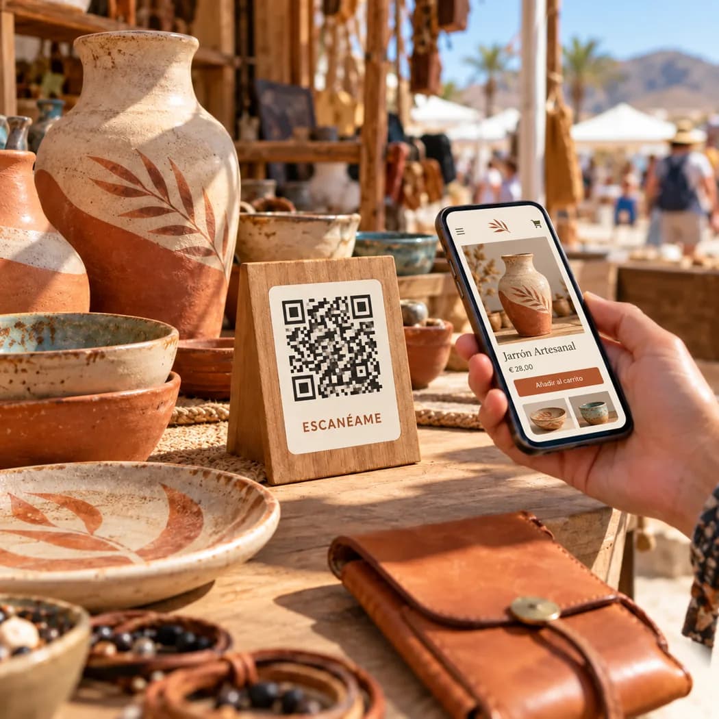 Imagen ilustrativa de un puesto de artesanía con un expositor de madera que muestra un código QR ilustrativo con la palabra «Escanéame» y una mano que sostiene un teléfono con la ficha de un jarrón artesanal. El código es solo un elemento decorativo: no es un QR real ni se puede escanear.