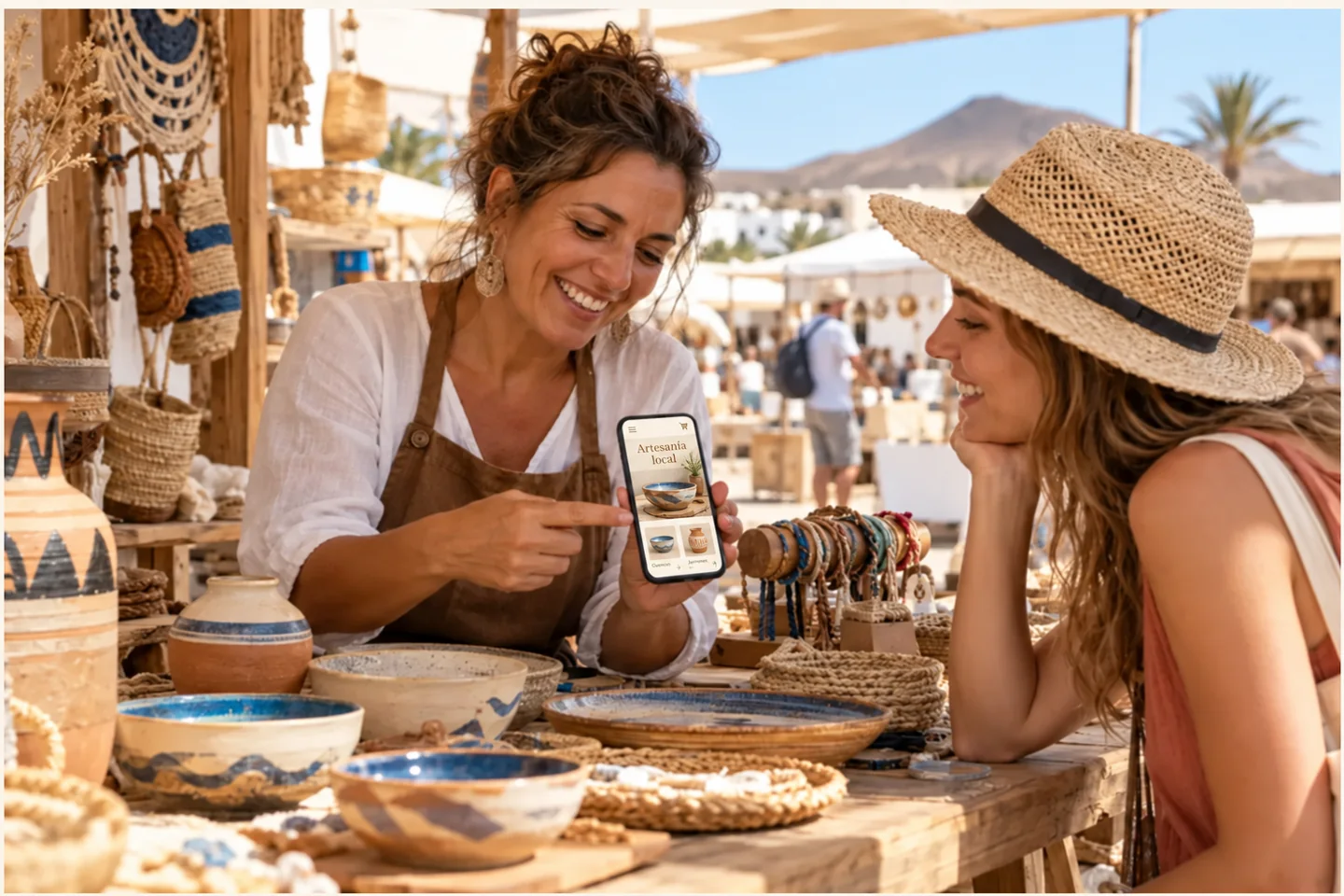 Imagen ilustrativa de una artesana que enseña a una visitante con sombrero de paja, desde el teléfono, una página web de «Artesanía local» con sus piezas de cerámica, entre cerámica y cestería de su puesto.